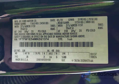 2021 Ford F-150 Xl из США, поврежденный, VIN 1FTFW1E54MKD21374